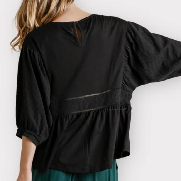 🌸Boho Drop Waist Puffy Sleeved Black Top in Cotton.  1 Sm, 1 Med, 1 Lrg - Picture 3 of 6